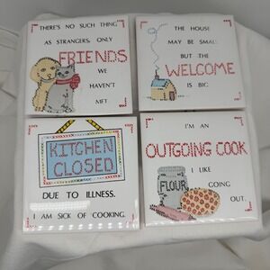 Vintage 1985 House of Lloyd Kitchen Trivet Set of 4 Cross‎ Stitch Ceramic